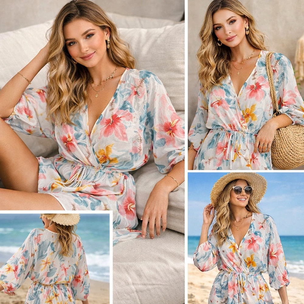 Sweet Rain Floral Chiffon Tunic L Boho Beach Cover-Up V-Neck Drawstring‎ Waist